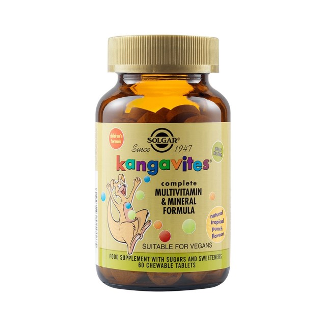 SOLGAR Kangavites Complete Multivitamin & Mineral Formula Tropical Punch Παιδική Μασώμενη Πολυβιταμίνη Με Γεύση Τροπικά Φρούτα, 60 Mασώμενες Tαμπλέτες