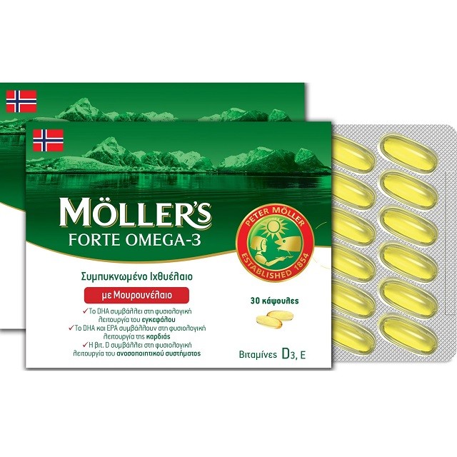 Mollers Forte Μίγμα Ιχθυελαίου & Μουρουνέλαιου Πλούσιο σε Ω3 Λιπαρά Οξέα Mollers Νέα Συσκευασία, 30caps