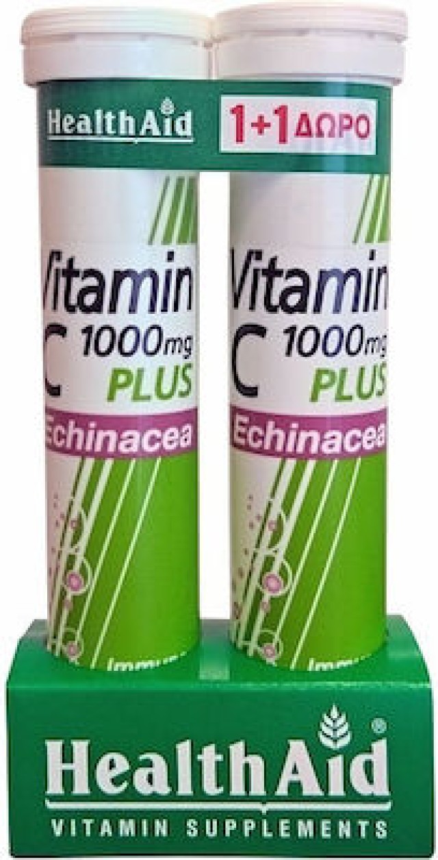 Health Aid Πακέτο 1+1 Vitamin C Plus Echinacea 1000mg Συμπλήρωμα Διατροφής Για Την Ενίσχυση Του Ανοσοποιητικού Με Γεύση Λεμόνι, 2x20 Αναβράζοντα Δισκία