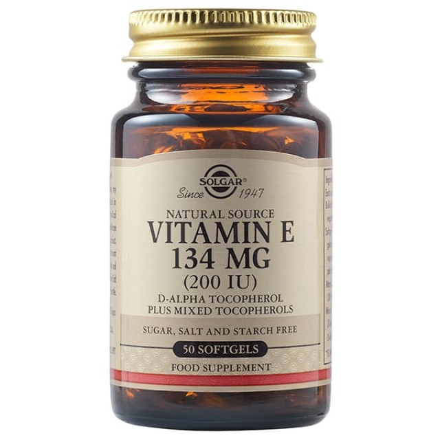 Solgar Vitamin E 134mg (200IU) Συμπλήρωμα Διατροφής Βιταμίνη Ε με Ισχυρή Αντιοξειδωτική Δράση, Συμβάλλει στην Υγεία του Καρδιαγγειακού & Ανοσοποιητικού Συστήματος - Ιδανική για Όμορφο Δέρμα, 50softgels