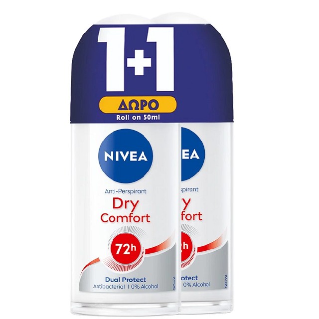 NIVEA Dry Comfort 72h Πακέτο 1+1 Γυναικείο Αποσμητικό Roll-On Για Αποτελεσματική Προστασία, 2x50ml