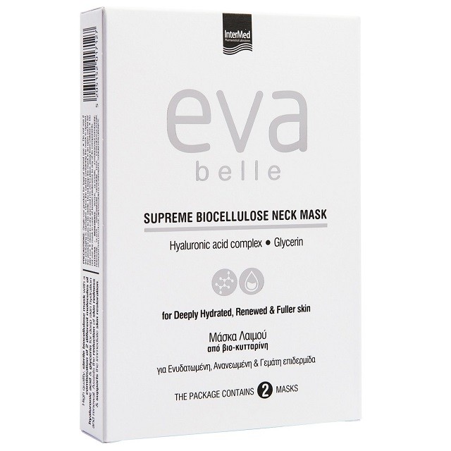 Intermed Eva Belle Supreme Biocellulose Neck Mask Μάσκα Λαιμού Με Υαλουρονικό Οξύ & Γλυκερίνη, 2x15m