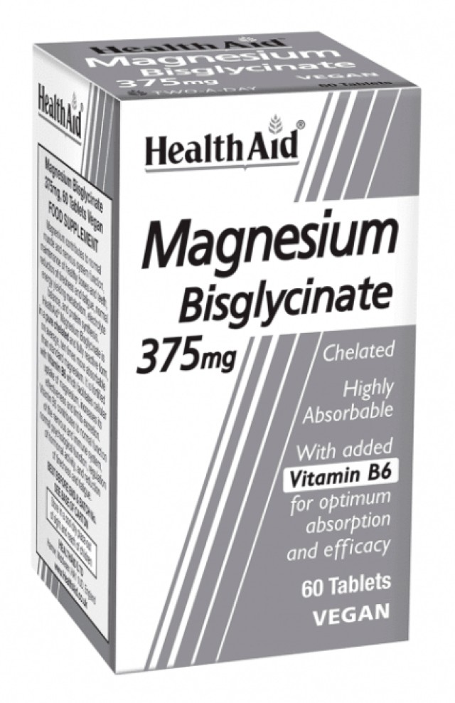 HEALTH AID Magnesium Bisglycinate 375mg & Vitamin B6, Χηλικό Μαγνήσιο & Βιταμίνη Β6, 60 ταμπλέτες