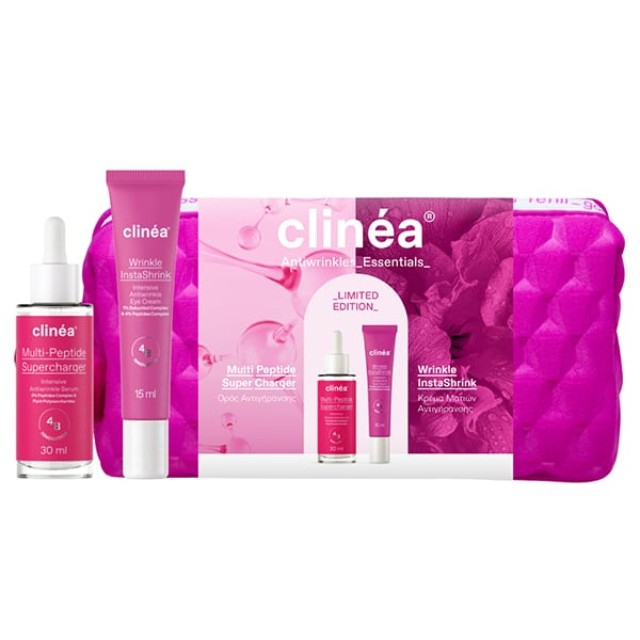 Clinea AntiWrinkle Essentials Πακέτο Multi Peptide Supercharger Serum 30ml & Wrinkle InstaShrink Eye Cream 15ml & Δώρο Νεσεσέρ 1 Τεμάχιο