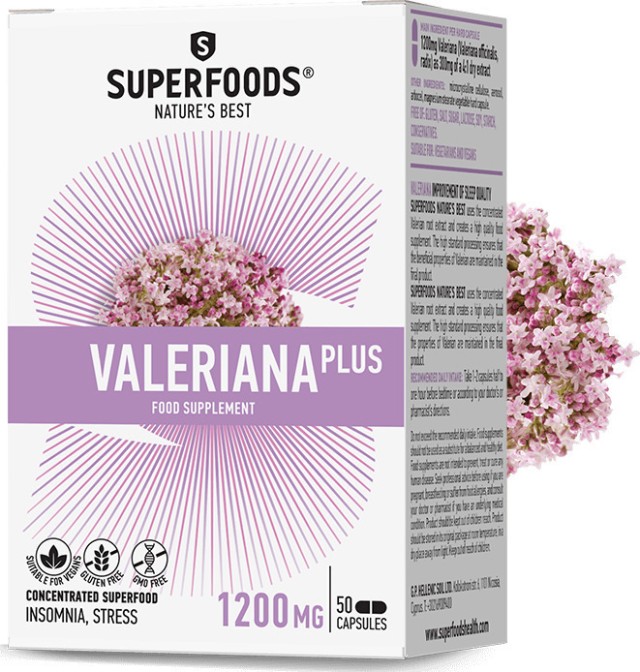 SUPERFOODS Valeriana Plus 300mg, Συμπλήρωμα Διατροφής με Βαλεριάνα για την Αϋπνία και το Αγχος 50 κάψουλες