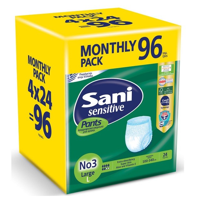 Sani Sensitive Pants Monthly Pack No3 Large Ελαστικό Εσώρουχο Ακράτειας, 96 Τεμάχια