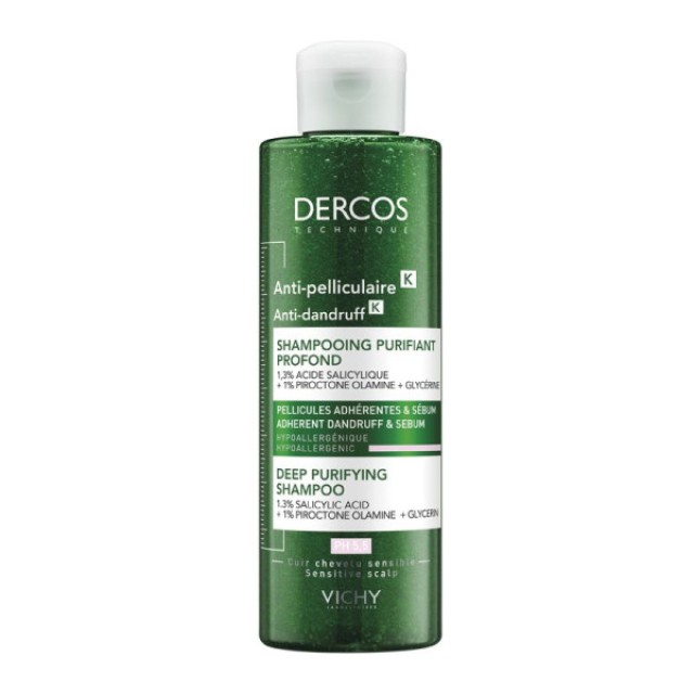 Vichy Dercos Anti-Dandruff K Deep Purifying, Σαμπουάν κατά της Επίμονης Πιτυρίδας για Όλους τους Τύπους Μαλλιών, 250ml