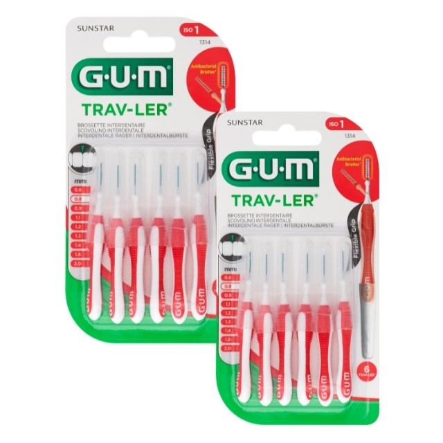 Gum 1314 Trav-Ler Πακέτο Μεσοδόντια Βουρτσάκια 0.8mm Κόκκινο (-50% στο 2ο προιόν), 2x6 Τεμάχια